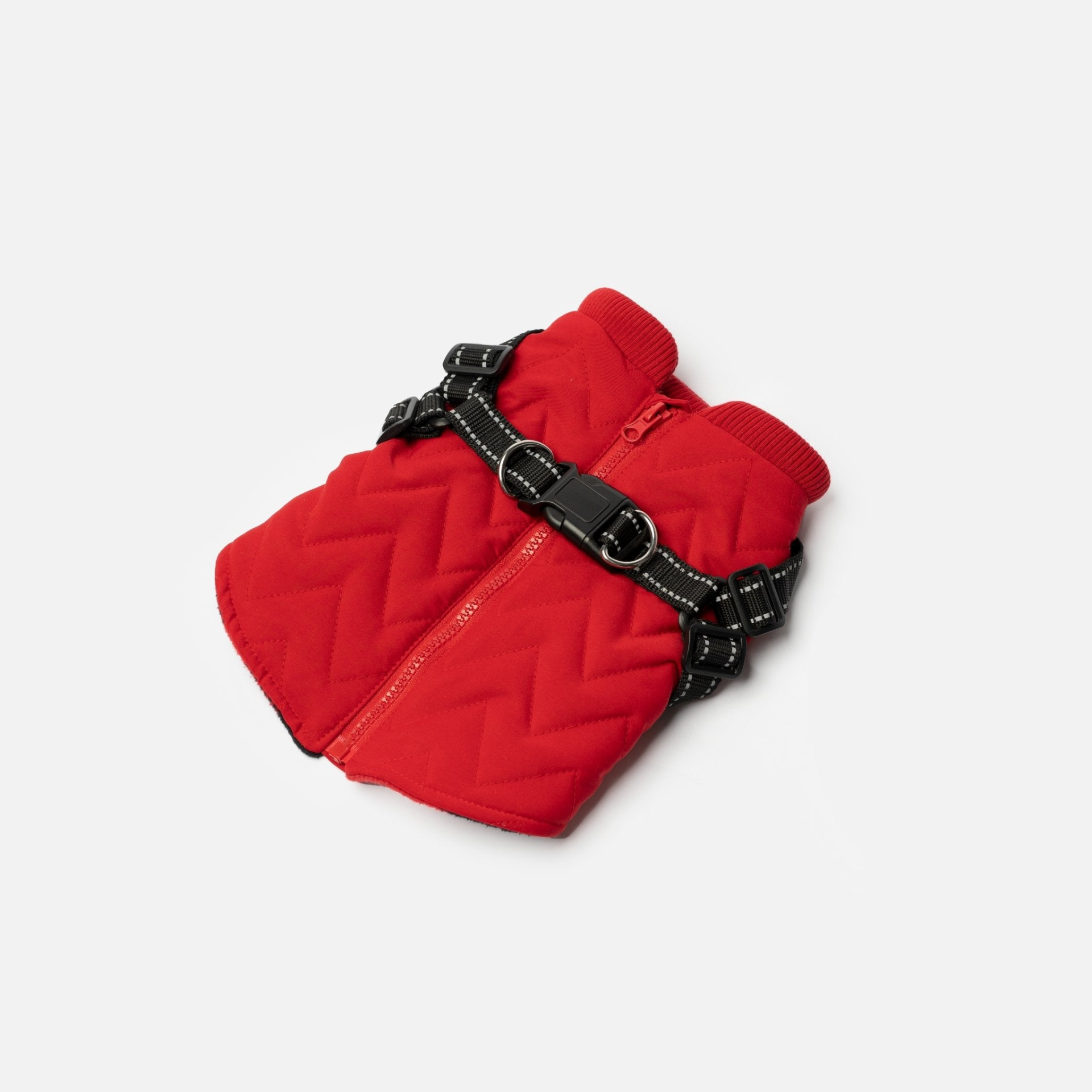 Quilted Dog Jacket With Built-In Harness Red