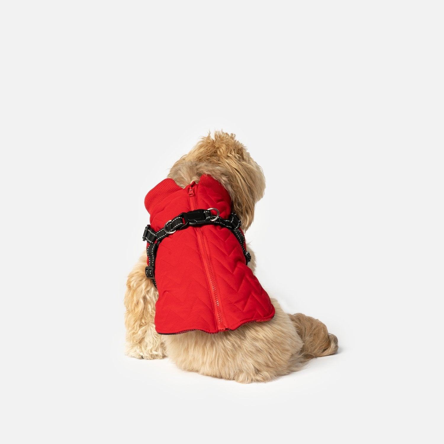 Quilted Dog Jacket With Built-In Harness Red