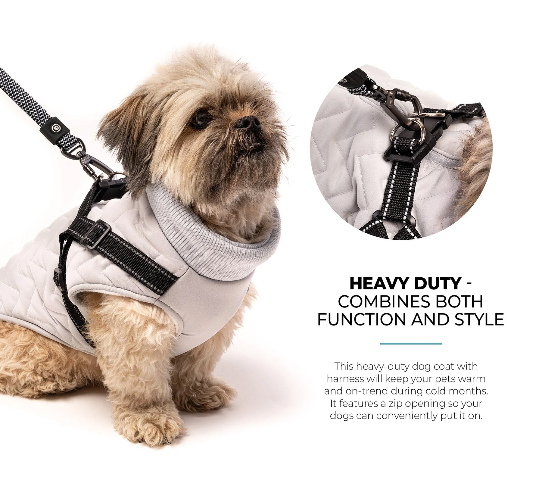 Quilted Dog Jacket With Built-In Harness Silver