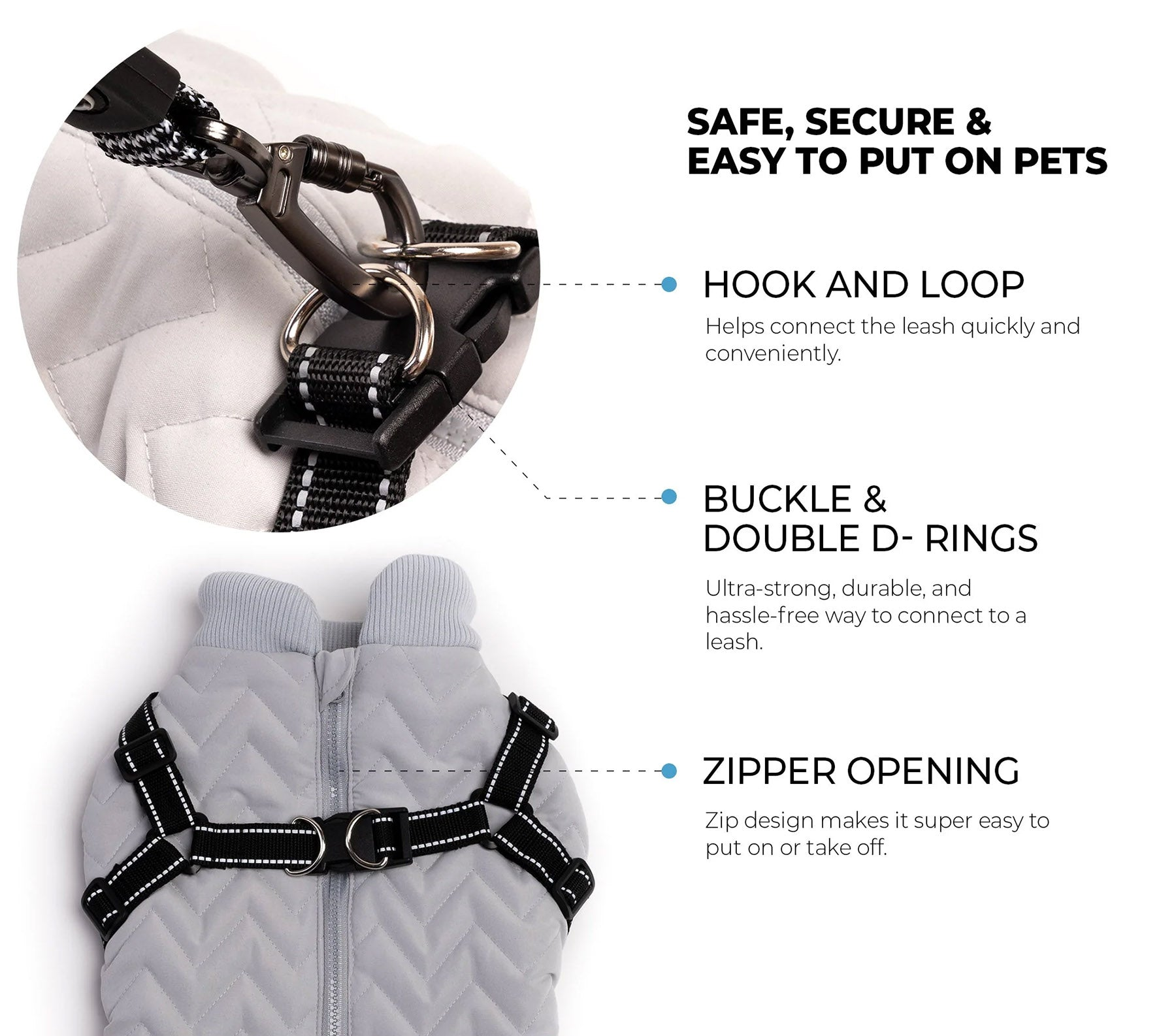 Quilted Dog Jacket With Built-In Harness Silver