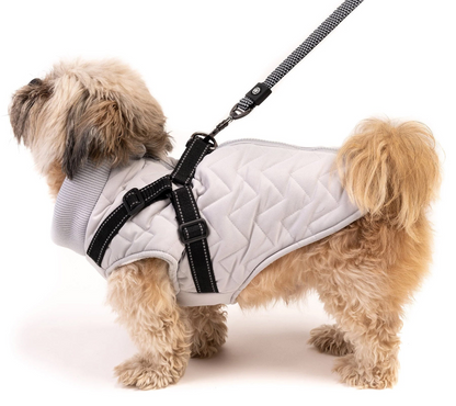 Quilted Dog Jacket With Built-In Harness Silver