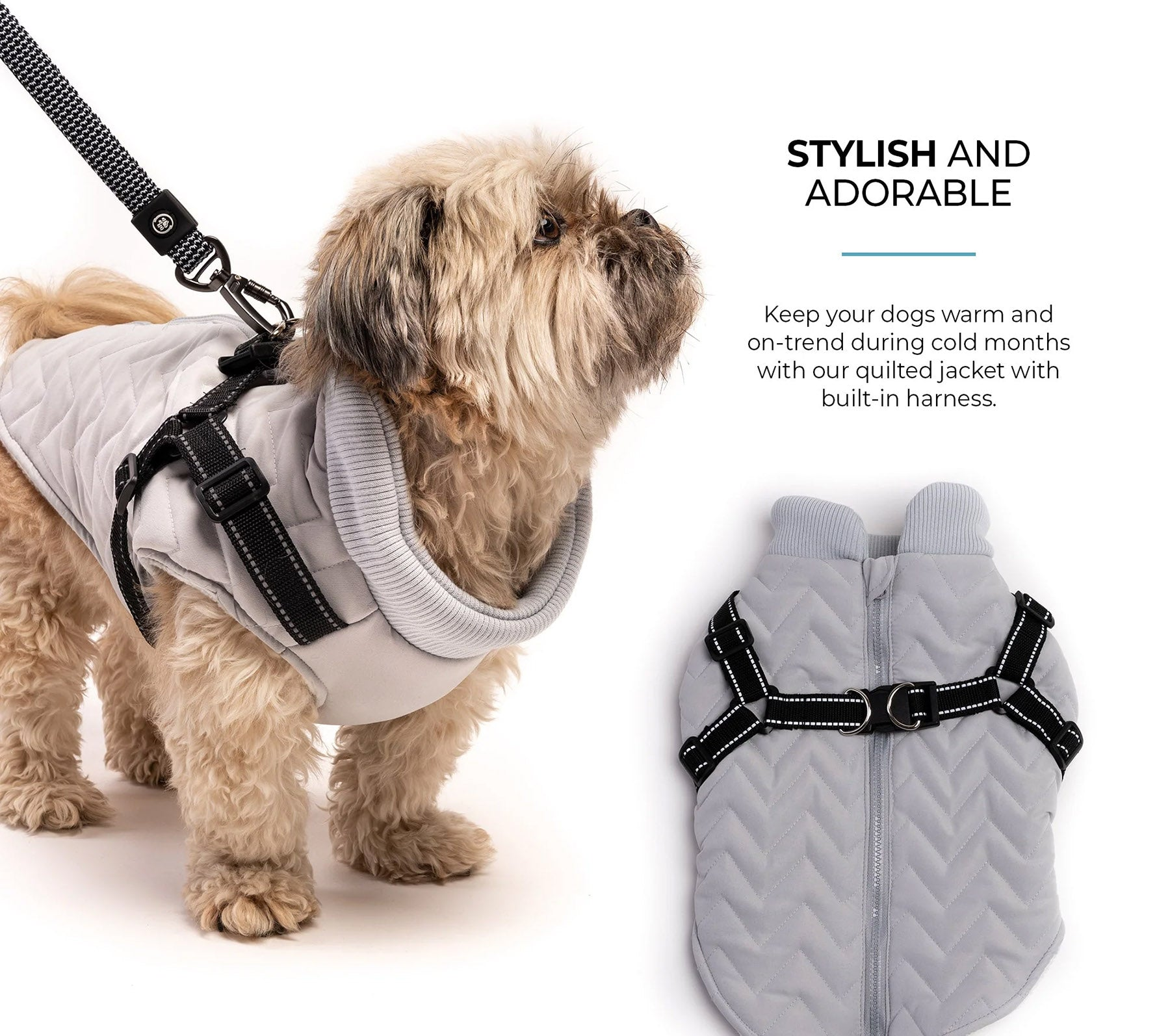 Quilted Dog Jacket With Built-In Harness Silver